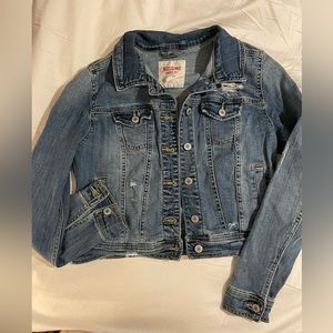 Distressed crop denim jacket size small